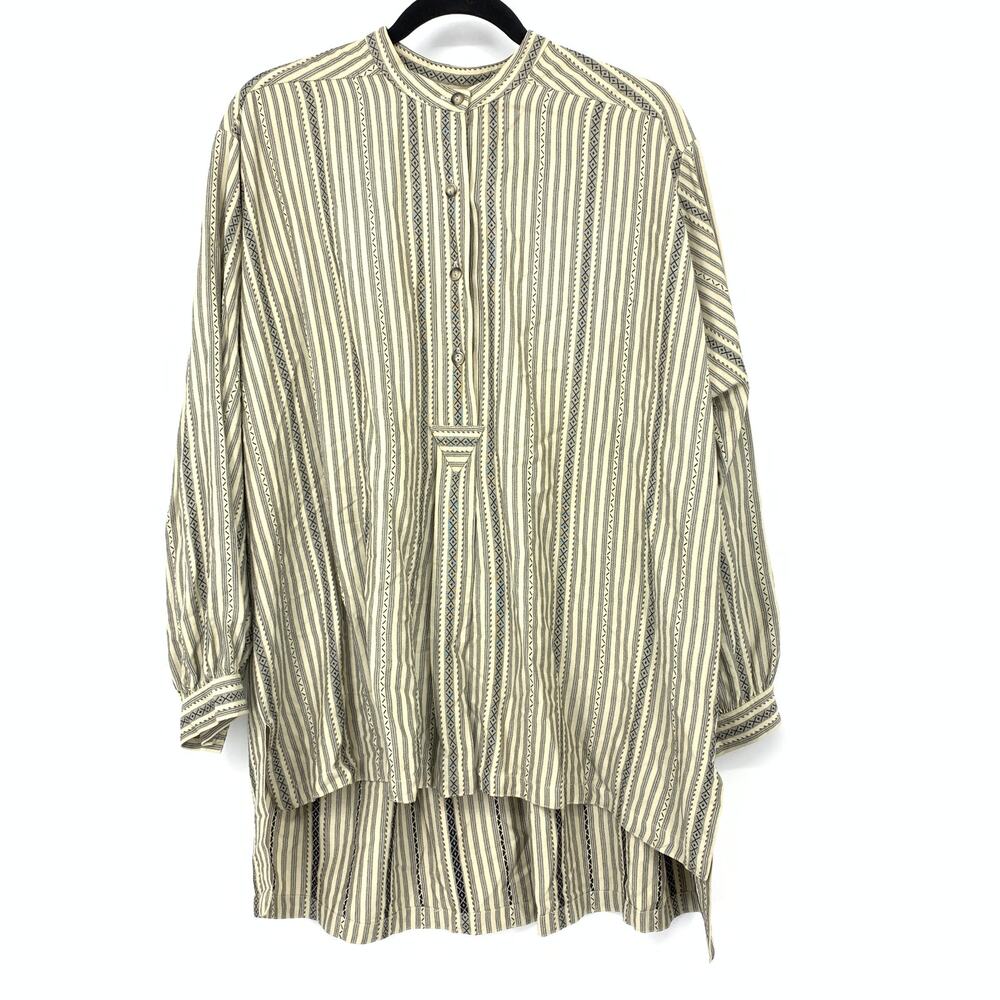 Joan Vass USA Oversize Long Sleeve Hi Low Button Front Top O/S Tan Black Stripe